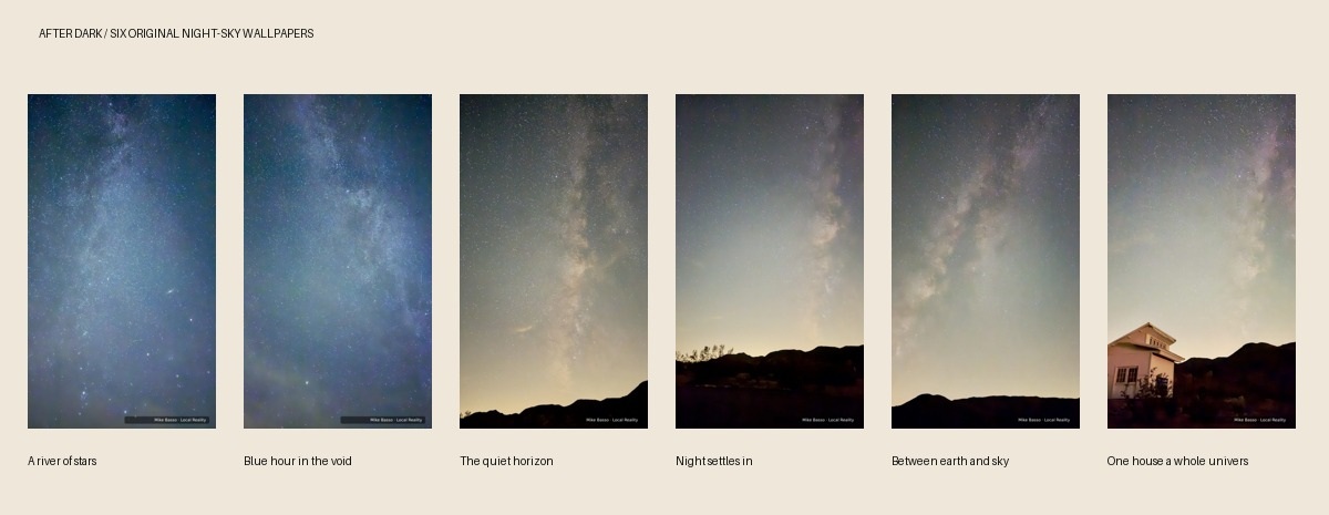 Preview of all six After Dark wallpapers, from blue star fields to a house beneath the Milky Way