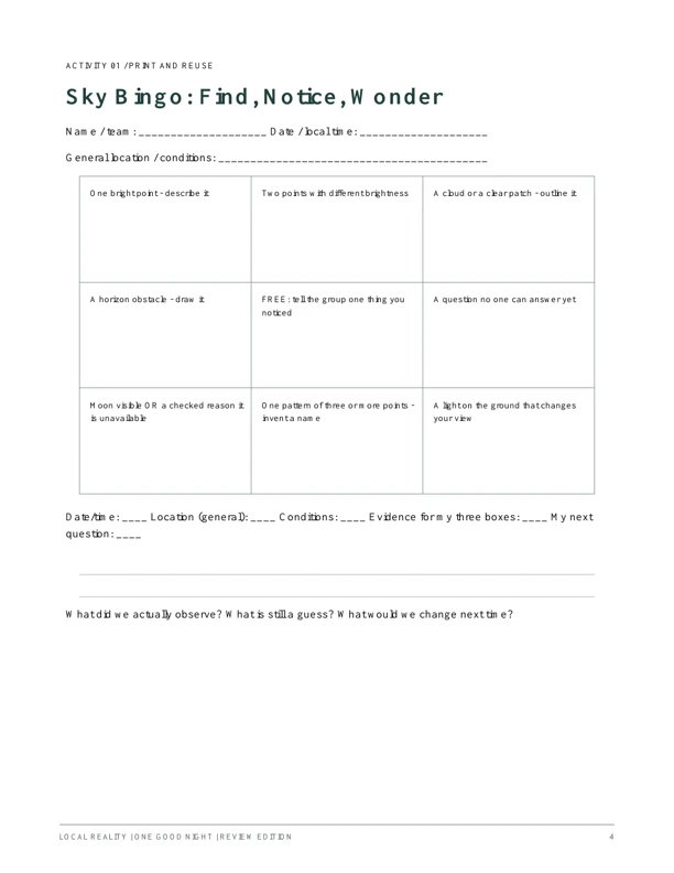 The actual Sky Bingo worksheet, with nine observation prompts and writing space